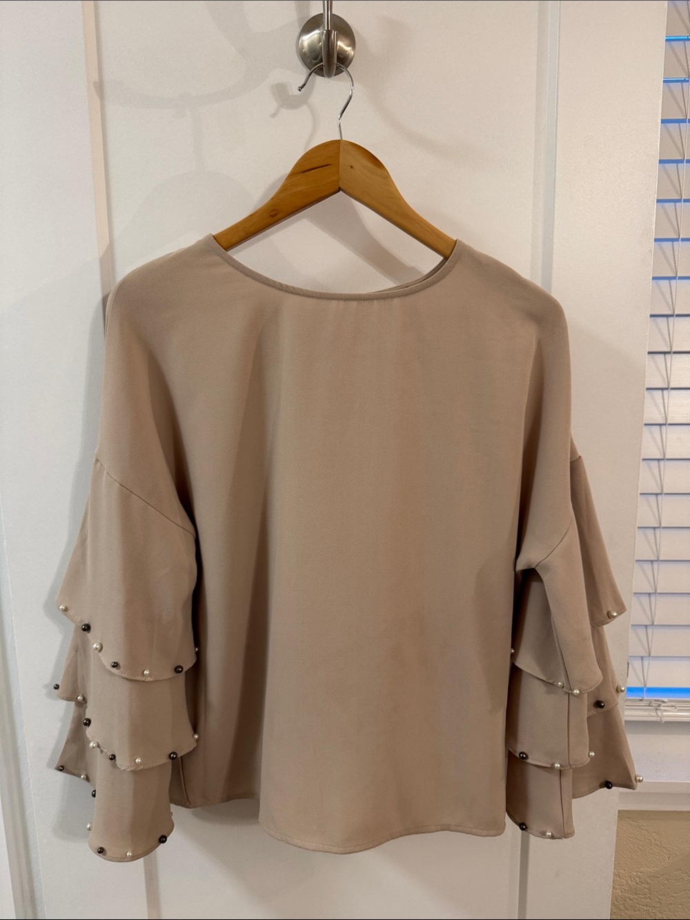 Alberto Makali Taupe Tiered Pearl Sleeve Blouse XS Elegant Top